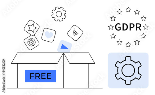 Open box marked free with apps emerging, GDPR compliance symbol, gear icon. Ideal for data privacy, software, online services, digital security, legal rights, compliance simple landing page
