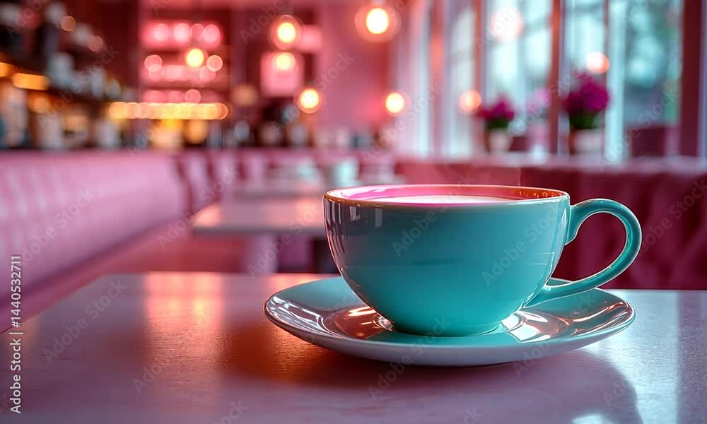 A steaming turquoise coffee cup on a table in a cozy pink-themed caf? with soft lighting A steaming turquoise coffee cup on a table in a cozy pink-themed caf? with soft lighting