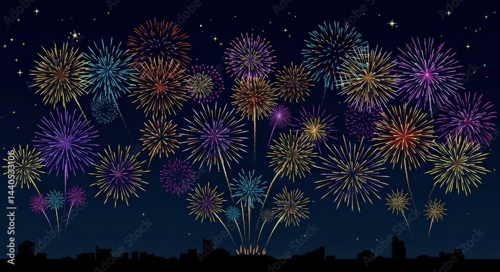 Fototapeta premium Colorful fireworks over a city silhouette, for holiday backgrounds