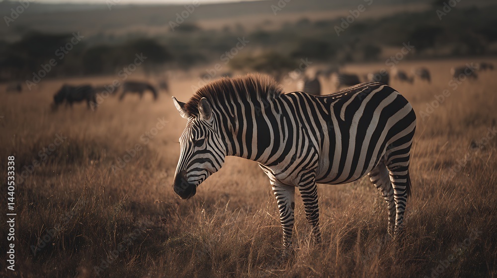 Naklejka premium 黄金のサバンナに佇むシマウマの優美な姿