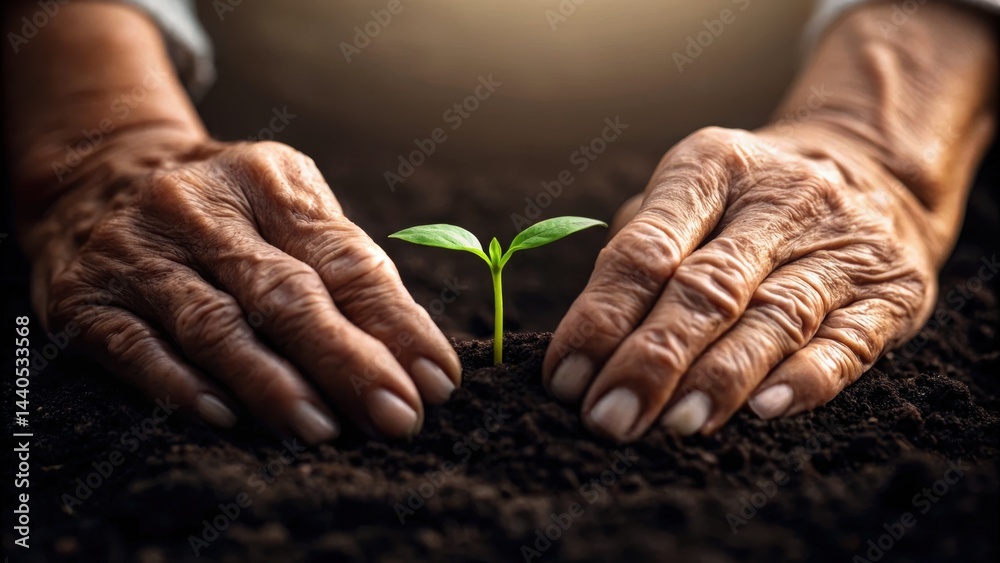 Hands nurturing a small plant sprouting from rich soil, symbolizing growth and care in nature.