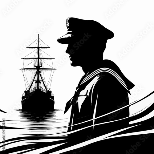 Sailor Silhouette Gazing at Ship against Calm Waters  