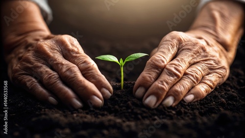 Obraz na płótnie Hands nurturing a small plant sprouting from rich soil, symbolizing growth and care in nature. w salonie