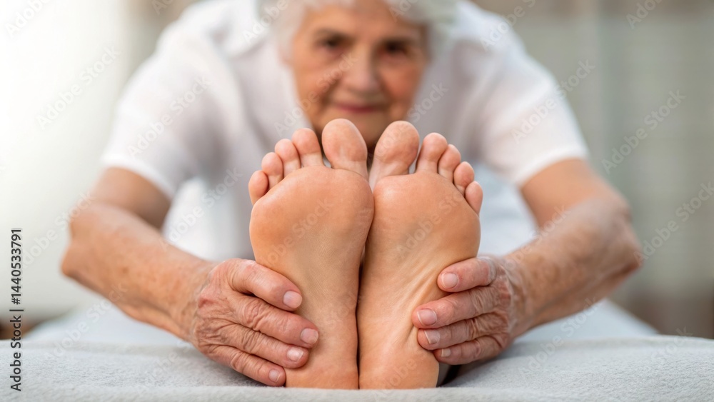 An elderly woman stretches her feet, showcasing her hands on her soles, emphasizing flexibility and wellness in a serene environment.