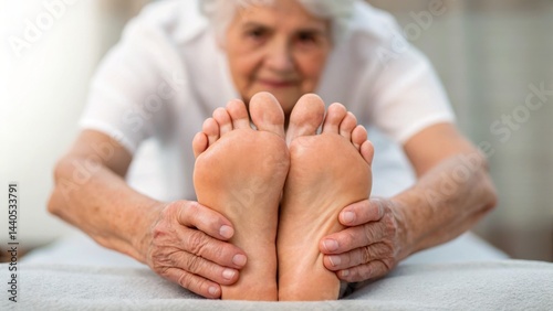 Obraz na płótnie An elderly woman stretches her feet, showcasing her hands on her soles, emphasizing flexibility and wellness in a serene environment. w salonie