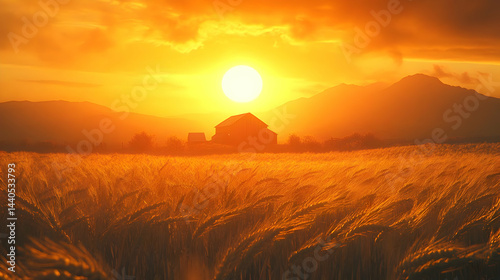 Golden Sunset Over Rural Field with Farmhouse Illustration