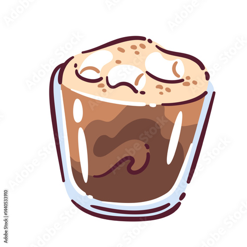 Refreshing iced coffee drink served in transparent glass, topped with creamy foam and ice cubes, drawn in cartoon style iced coffee for delicious summer vibe. Vector illustration.