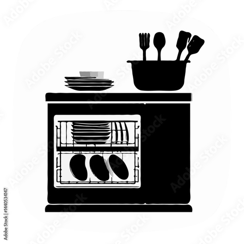 Kitchen Dishwasher with Clean Dishes and Utensils on a Counter  