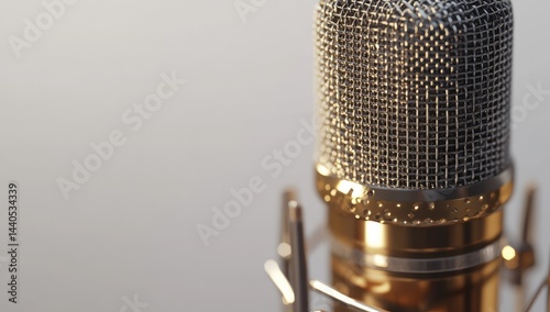 Close-up of a gold condenser microphone with a silver mesh grille