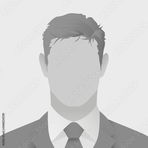 Gray avatar default photo placeholder silhouette of faceless businessman in suit and tie on plain background representing anonymity and professionalism in workplace