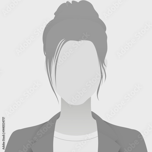 Monochrome avatar default photo placeholder abstract portrait of woman with bun and blazer, minimalist design representing anonymous identity, on light gray background