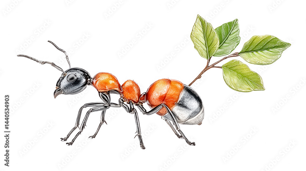 Ant carrying leaf, detailed illustration, botanical design on white background