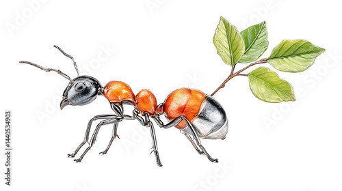 Obraz na płótnie Ant carrying leaf, detailed illustration, botanical design on white background w salonie