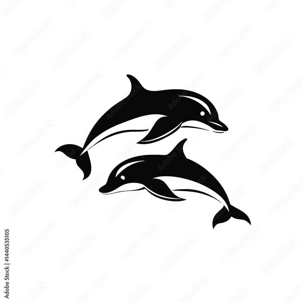 Obraz premium Silhouette of two dolphins swimming in a circular pattern, black and white illustration