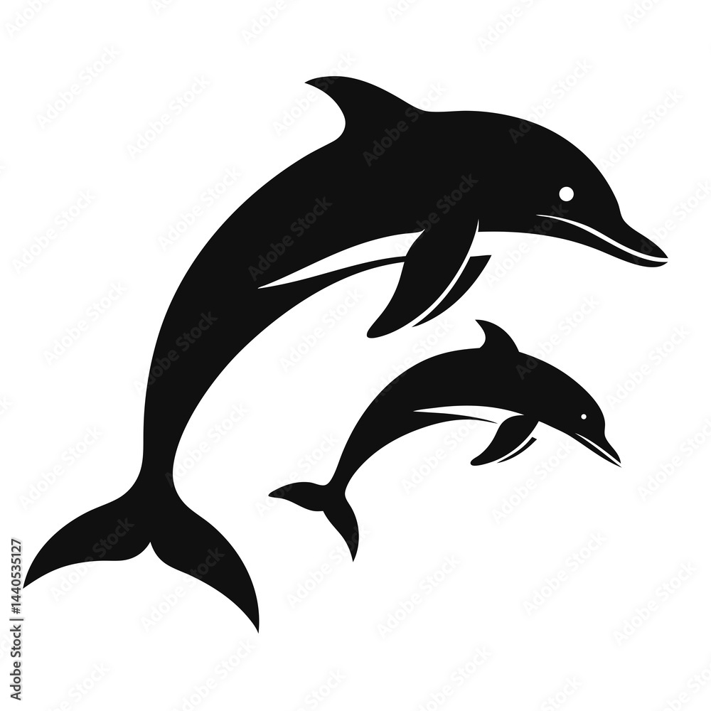 Obraz premium Silhouette of two dolphins swimming in a circular pattern, black and white illustration