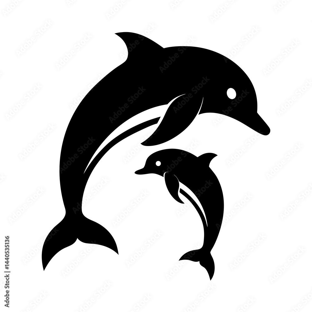 Obraz premium Silhouette of two dolphins swimming in a circular pattern, black and white illustration