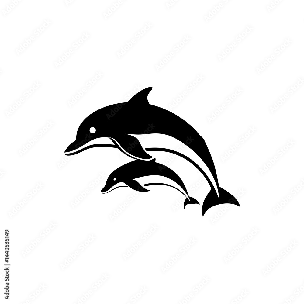 Fototapeta premium Silhouette of two dolphins swimming in a circular pattern, black and white illustration