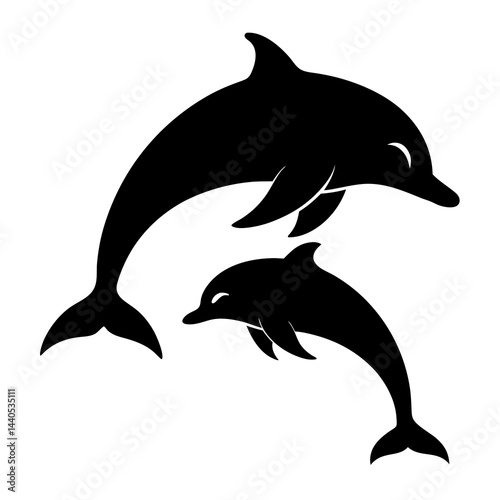 Silhouette of two dolphins swimming in a circular pattern, black and white illustration