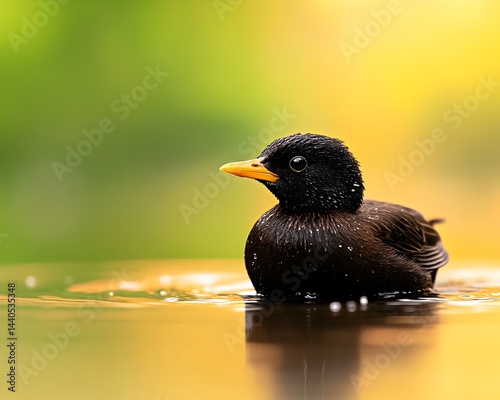 Obraz na płótnie A small, dark-plumaged bird with a bright yellow beak floats serenely on calm, golden-hued water w salonie