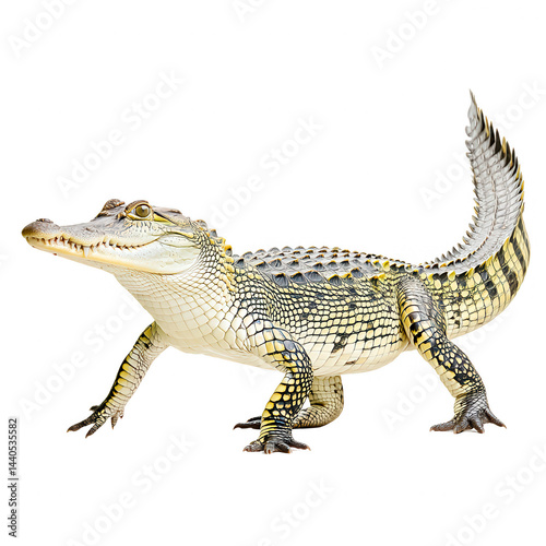 Isolated baby caiman walks on white background in a rebg 288 edit.