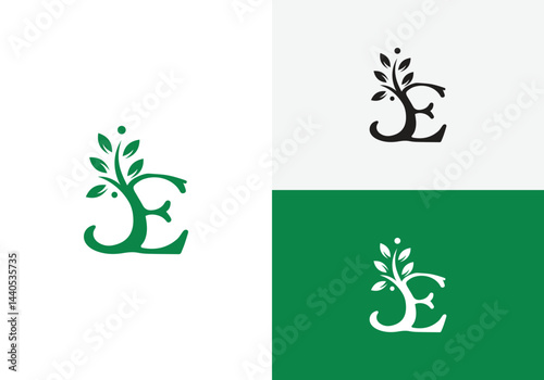 Elegant Eco Letter E Logo Design with Leaf Branch | Nature Organic Monogram Vector photo