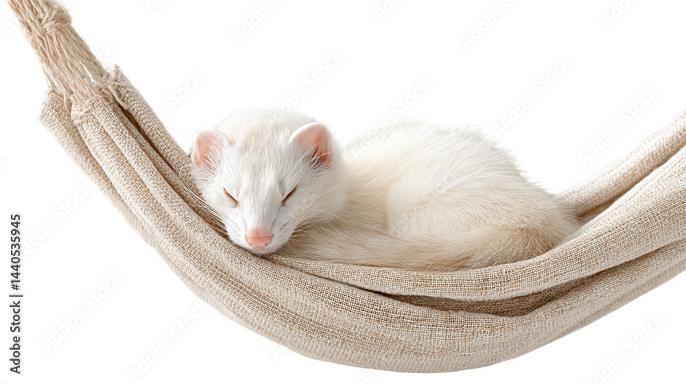 An adorable albino ferret sleeps peacefully in a small beige hammock design