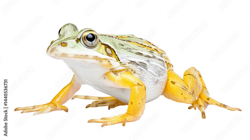 Charming green and yellow frog isolated on white in a rebg 309 theme