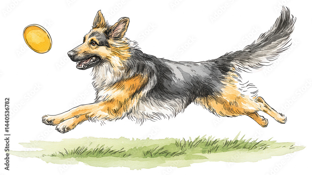 Canine joyfully leaps for frisbee in watercolor pet design rebg 311 .