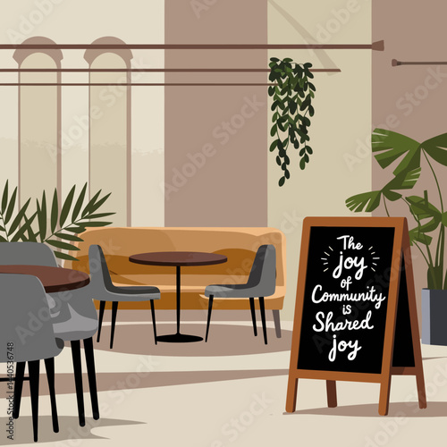 Cafe interior design illustration with tables chairs and plants for restaurant concept art design ,illustration design for t-shirt