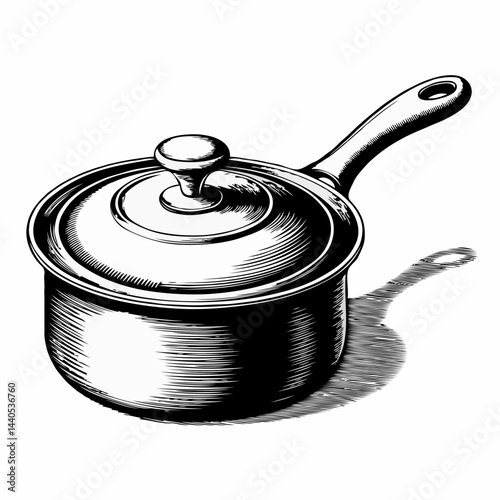 Vintage cookware pot with lid in detailed sketch style  
