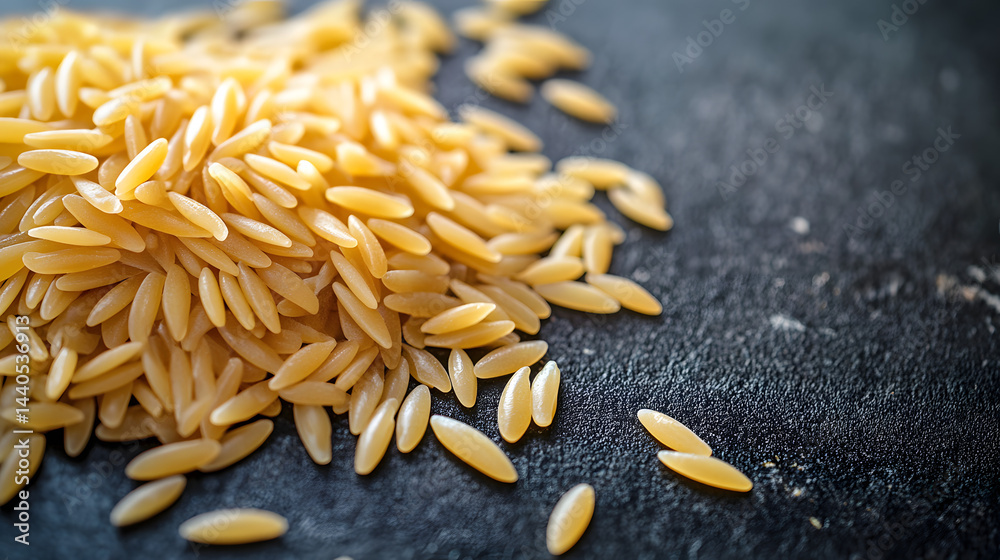 Obraz premium A scattering of orzo pasta on a dark surface, highlighting the distinct shape and size of each rice-like grain with a glossy finish.