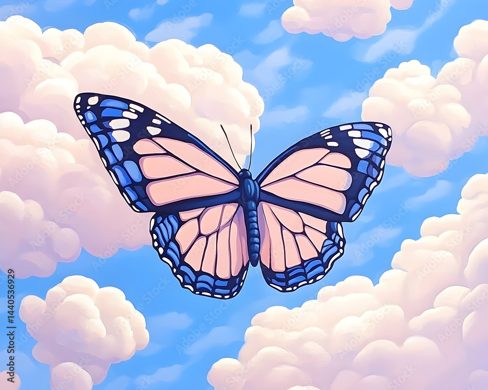 Pink and blue butterfly soars amidst fluffy white clouds in a vibrant blue sky
