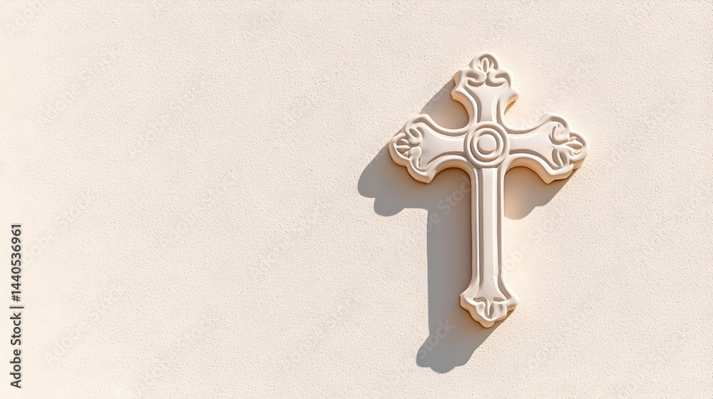 Ornate off-white cross casts shadow on cream background