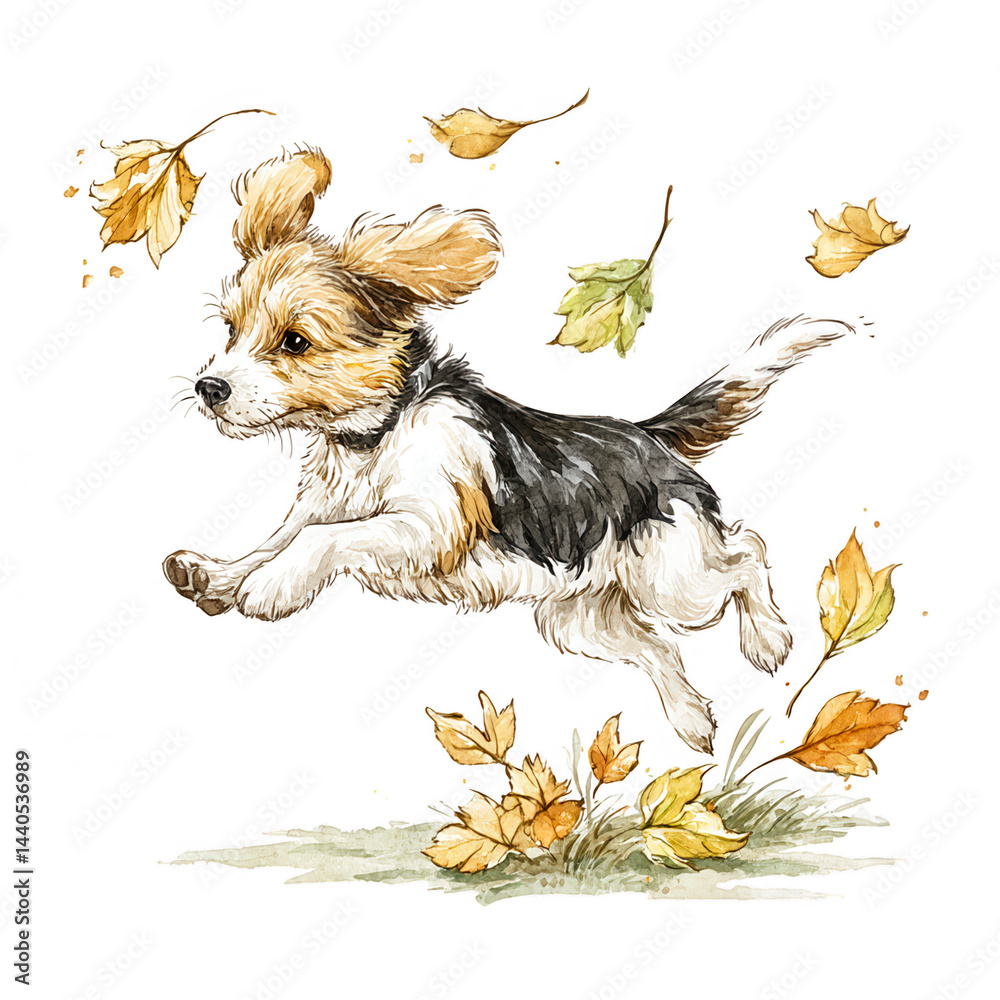 An adorable watercolor puppy joyfully leaps through colorful autumn leaves.