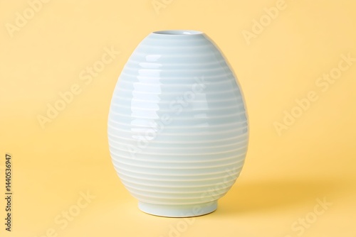 Pale blue, egg-shaped ceramic vase with horizontal ribbed texture, set against a pale yellow background