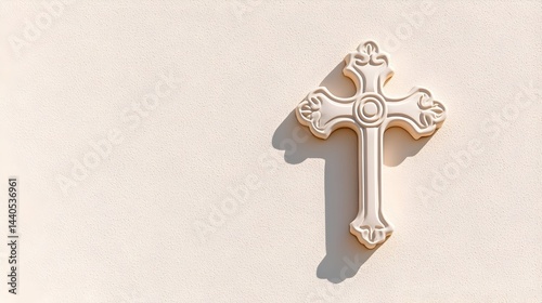 Obraz na płótnie Ornate off-white cross casts shadow on cream background w salonie