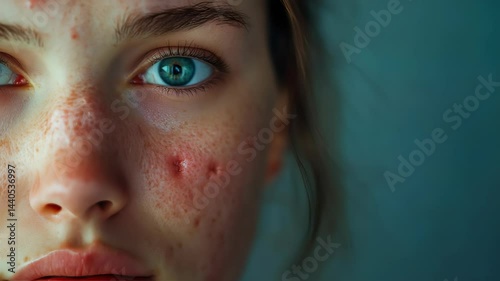acne on woman face with rash skin, scar, and red skin syndrome allergic to cosmetics, use steroids, dermatology, inflammation, infection, hygiene