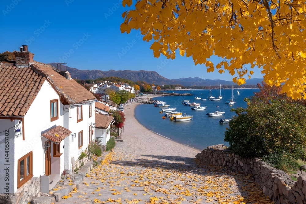 Picturesque coastal village in autumn, with whitewashed houses, a pebble beach, and calm waters dotted with sailboats, all under a canopy of golden leaves