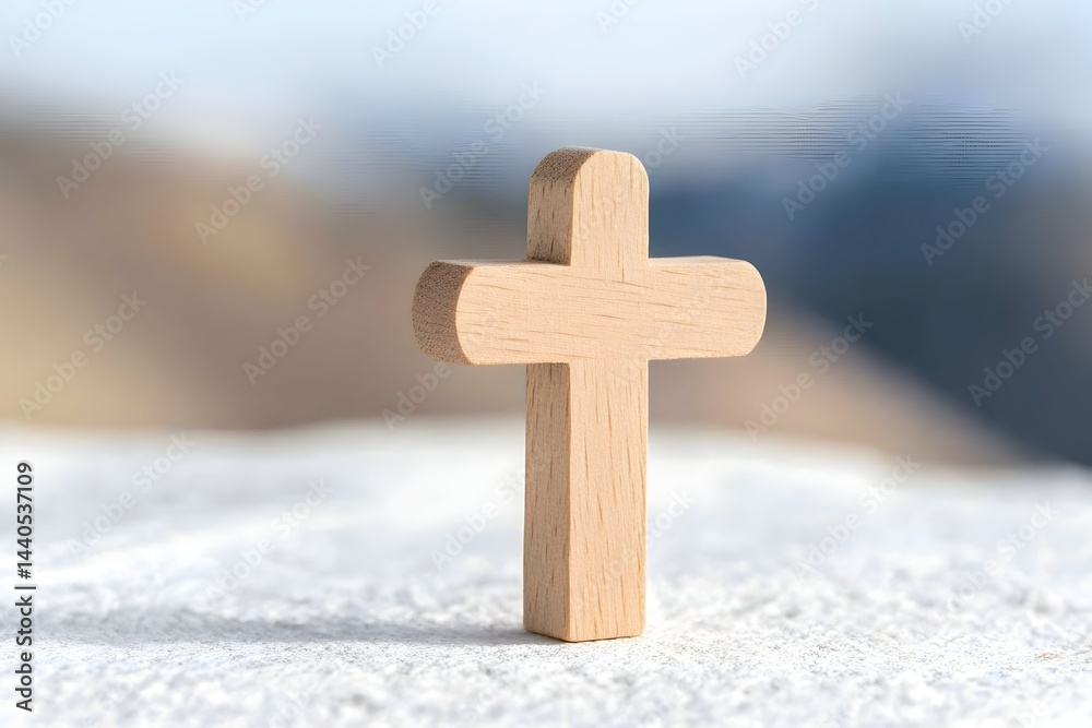 Simple wooden cross rests on white fabric against a blurred landscape background