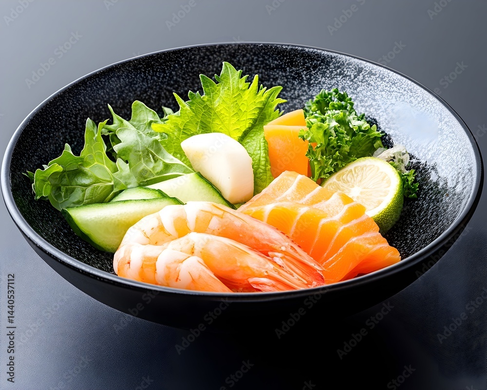 Sashimi platter with salmon, shrimp, cucumber, and greens