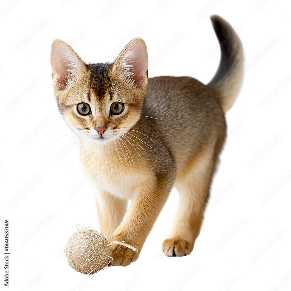 Abyssinian kitten playing with yarn ball against a white background image.