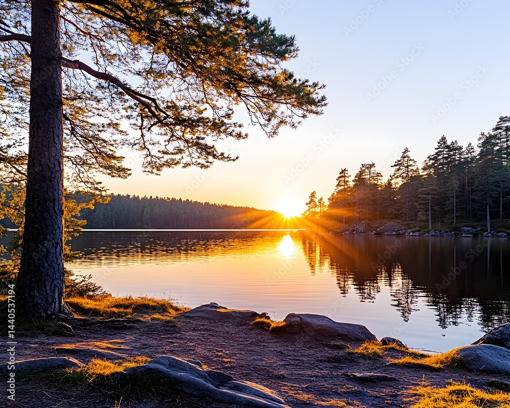 Serene sunset over calm lake, reflected sunlight, pine tree foreground, rocky shoreline