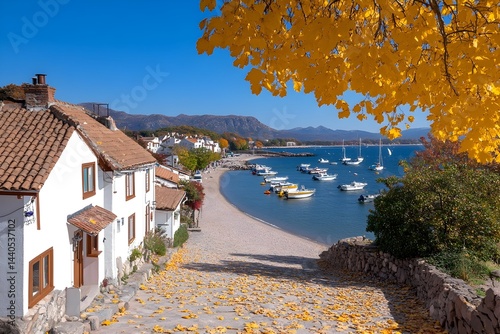 Obraz na płótnie Picturesque coastal village in autumn, with whitewashed houses, a pebble beach, and calm waters dotted with sailboats, all under a canopy of golden leaves w salonie