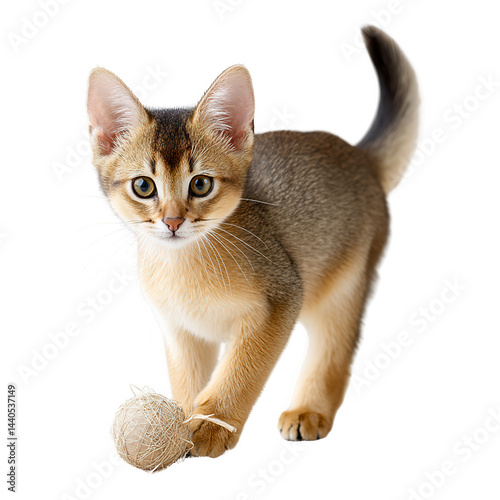 Abyssinian kitten playing with yarn ball against a white background image.