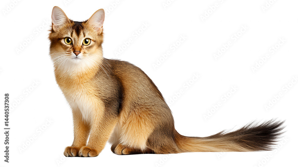 An adorable Somali cat sits gracefully against a clean, white background.