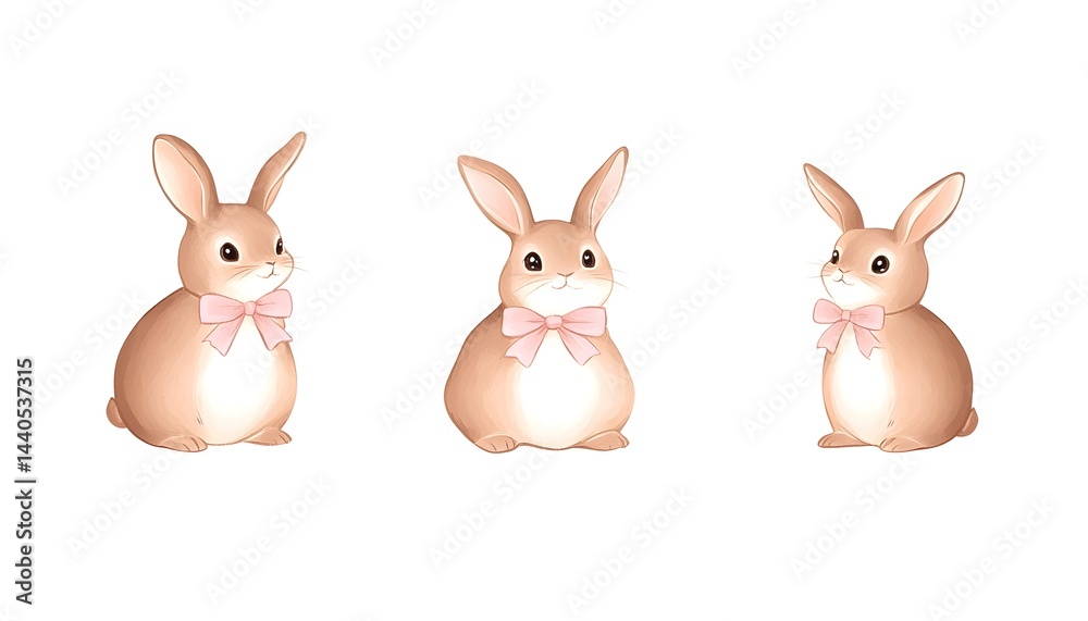 Three adorable brown bunnies with pink bows, sitting side-by-side, against a white background
