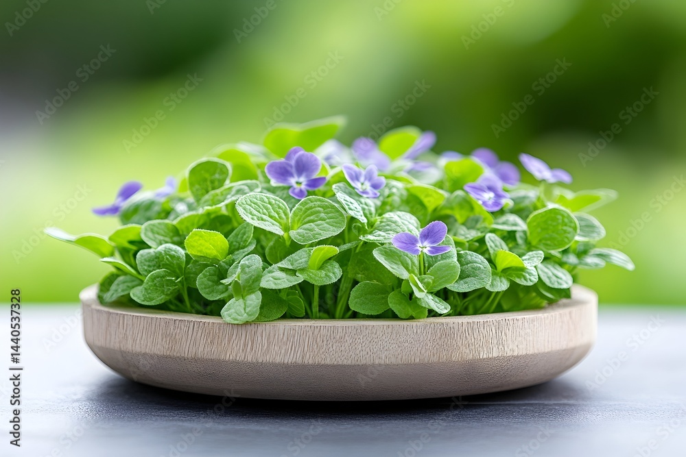 Small, light-wooden bowl holds vibrant green sprouts adorned with tiny, delicate purple flowers against a blurred green background