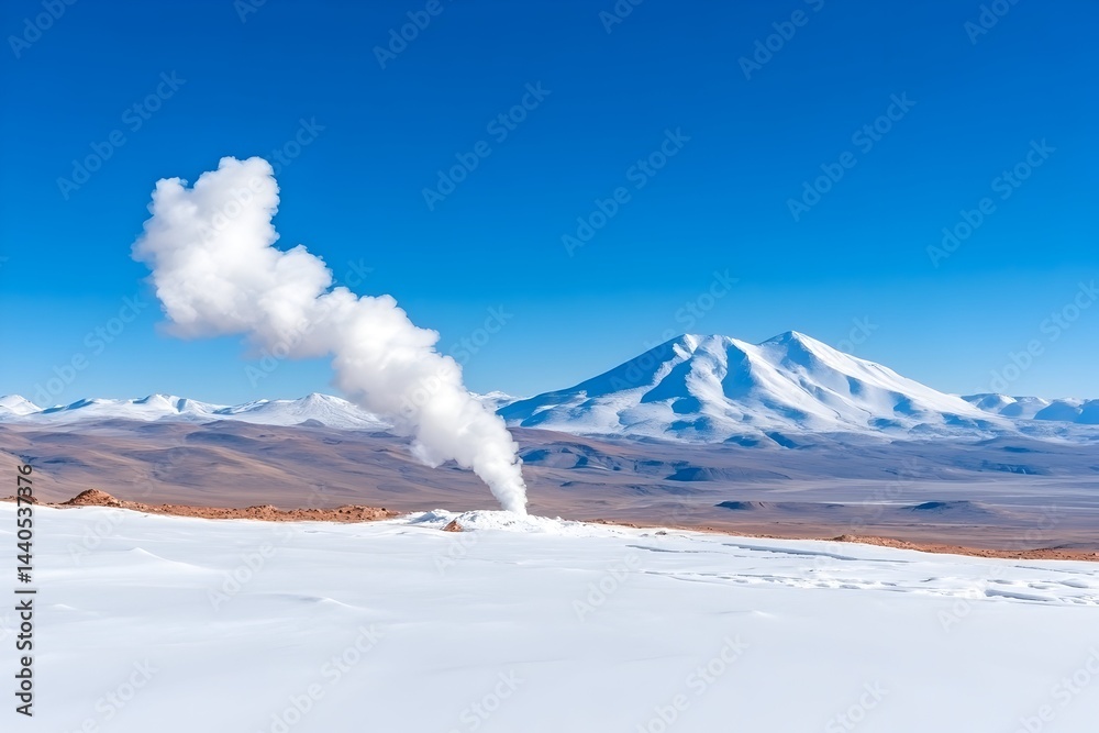 Steam rises from a geyser in a snowy, high-altitude desert landscape, with a snow-capped mountain range in the background under a clear blue sky