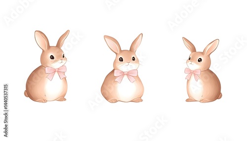 Obraz na płótnie Three adorable brown bunnies with pink bows, sitting side-by-side, against a white background w salonie