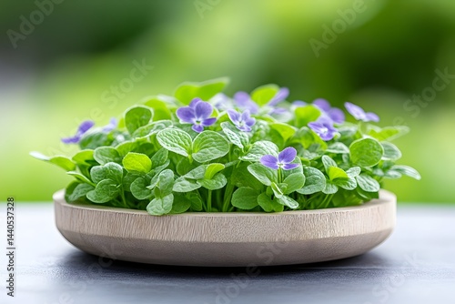 Obraz na płótnie Small, light-wooden bowl holds vibrant green sprouts adorned with tiny, delicate purple flowers against a blurred green background w salonie